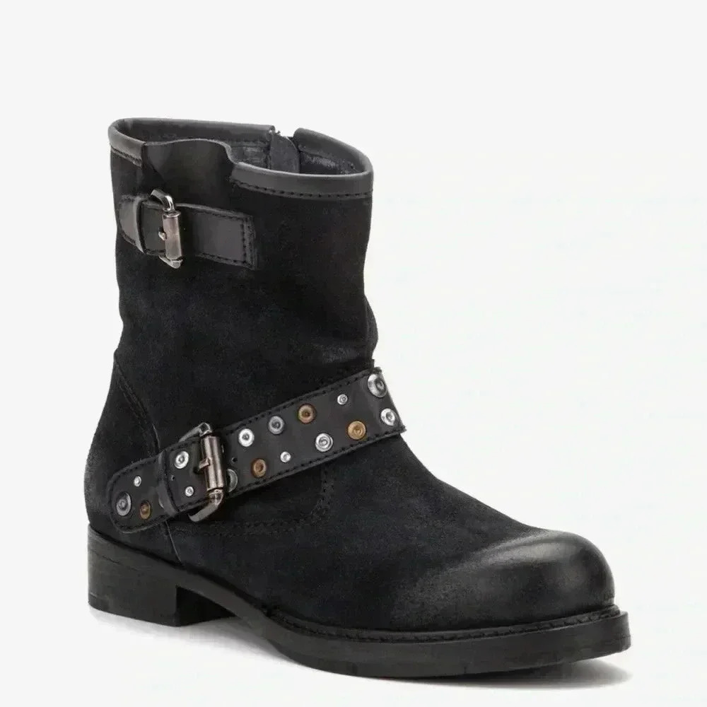 Black Studded Suede Buckle Ankle Boot